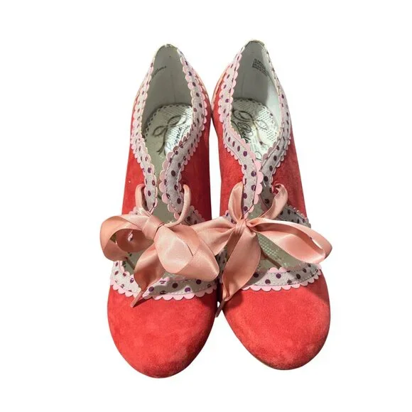 Poetic Licence London Lace Trim Red Suede Heels Pink-Bow Art Size EU 38 / US 7 - Picture 2 of 9